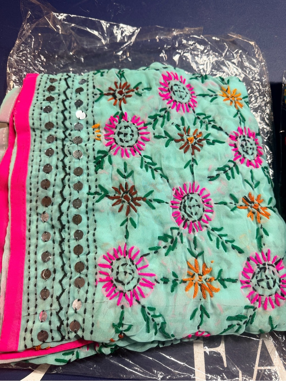 Light teal Floral Embroidered Scarf with Pink Trim